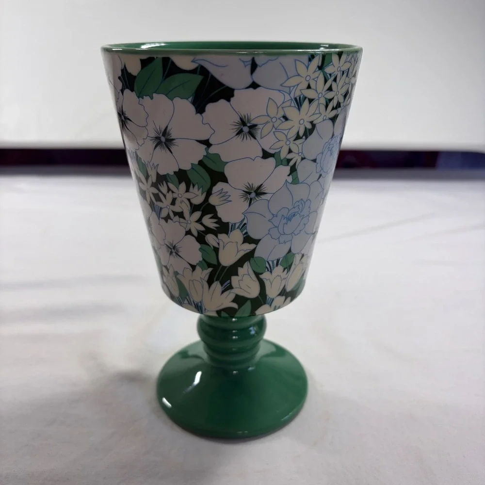 Anthropologie Floral Ceramic Goblet Green White Blue Pedestal Cup Vase